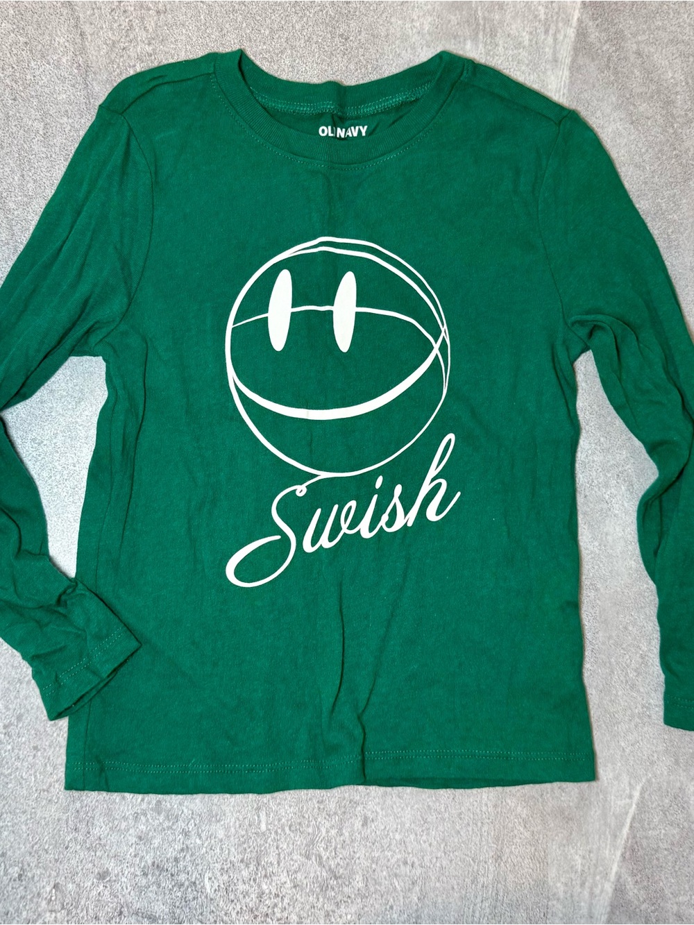Old Navy Green Long Sleeve Tee with White 'Swish' Basketball Graphic